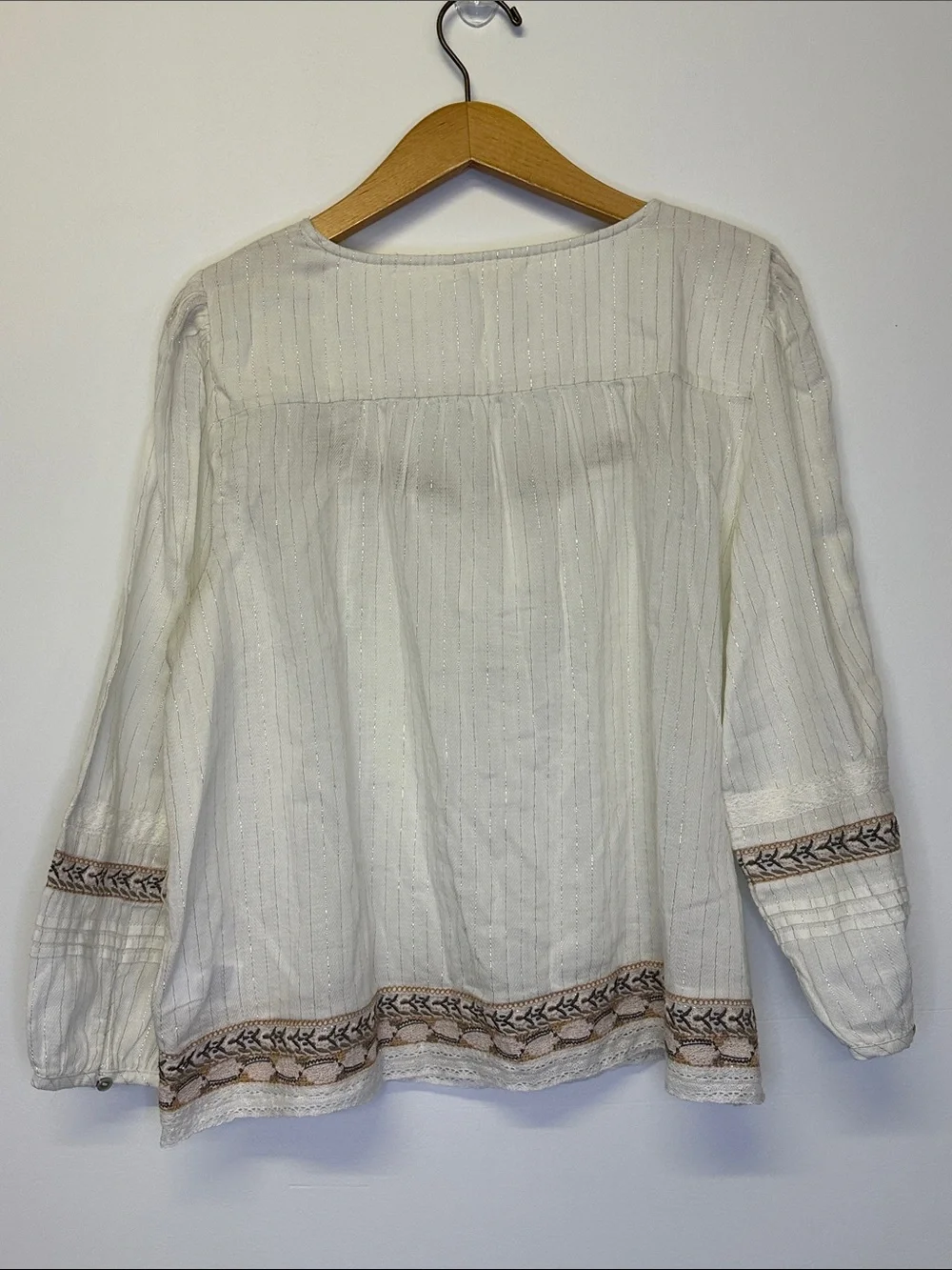 Lucky Brand Metallic Stripe Embroidered Cotton Peasant Top - Picture 4 of 6